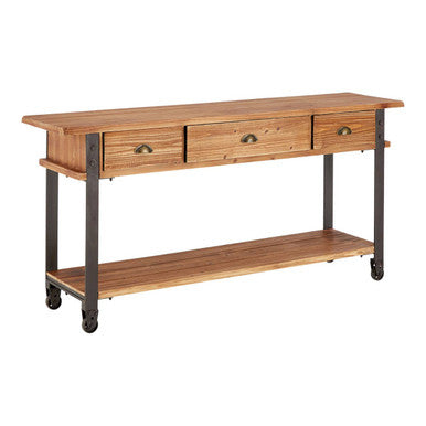 Natural Wooden 3-Drawer Console Table with Black Metal Legs, New Foundry