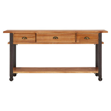 Wooden console table with drawers and a shelf on a white background