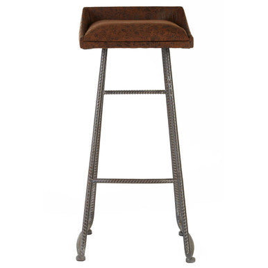Bar stool with brown cushioned seat and metal legs on a white background