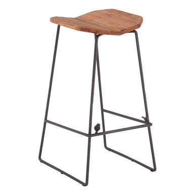 Bar stool with wooden seat and metal legs on a white background