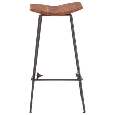 Bar stool with wooden seat and metal legs on a white background