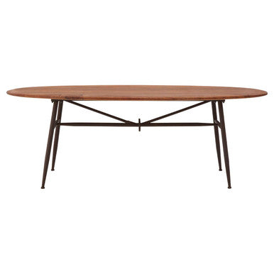 Wooden dining table with metal legs on a white background