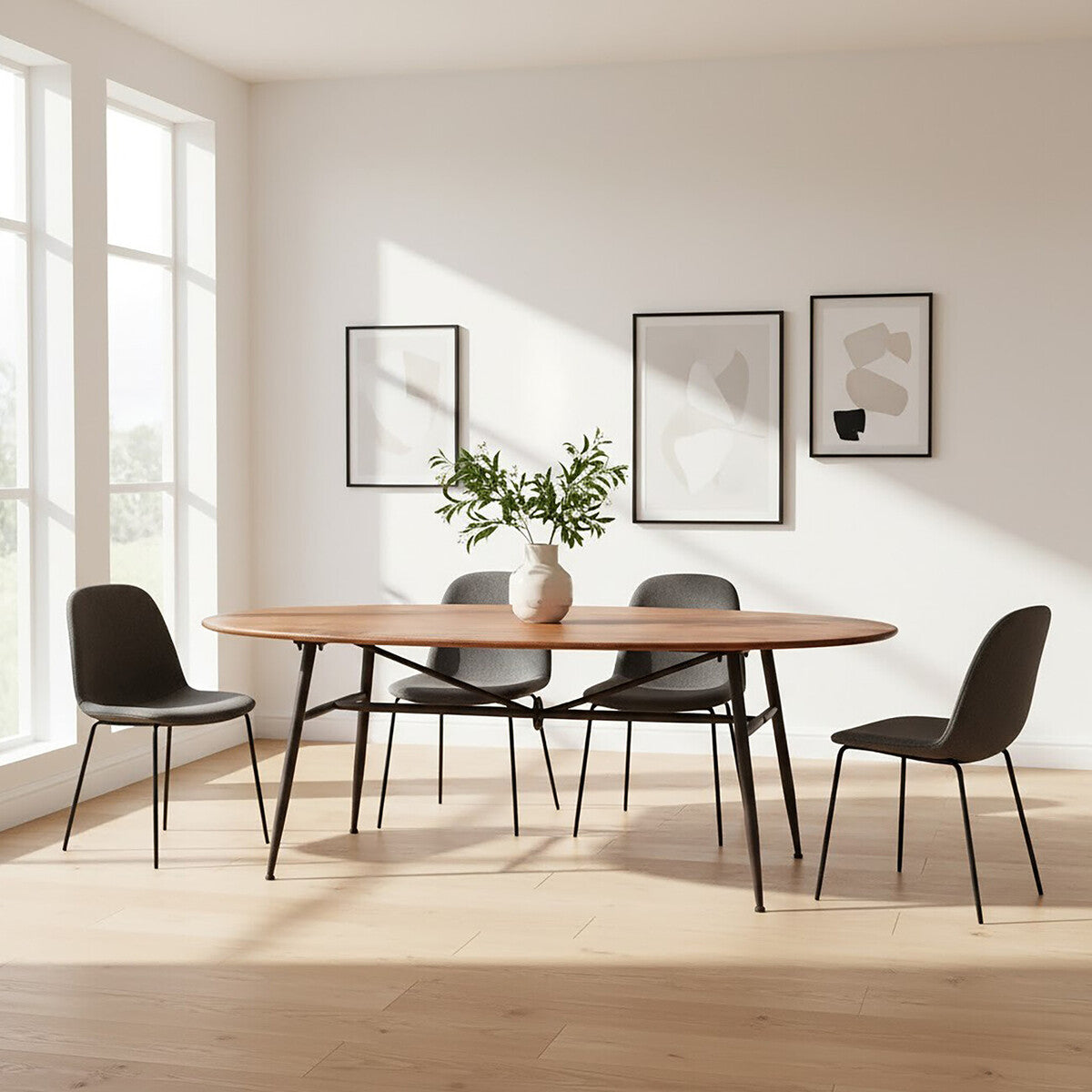 Dining room with a wooden table and chairs in a bright room.