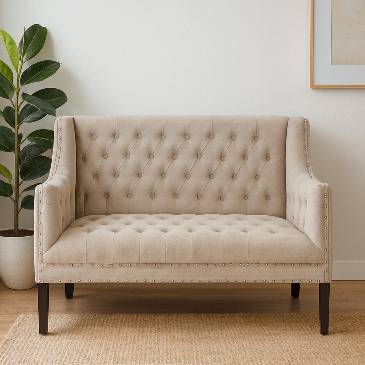 Beige tufted loveseat in a room with a plant and framed picture on the wall.