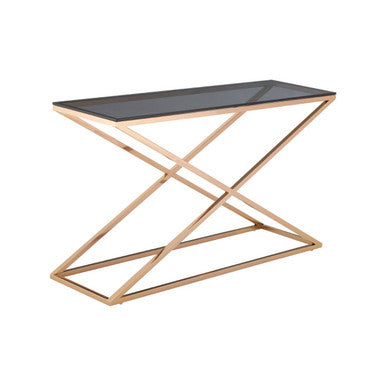 Smoked Amber Glass Top Console Table with Gold Criss Cross Effect Metal Frame, Montril