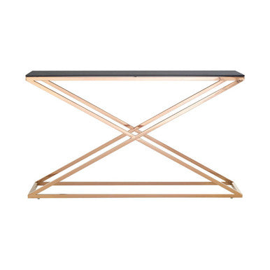 Console table with a geometric metal frame and dark surface on a white background