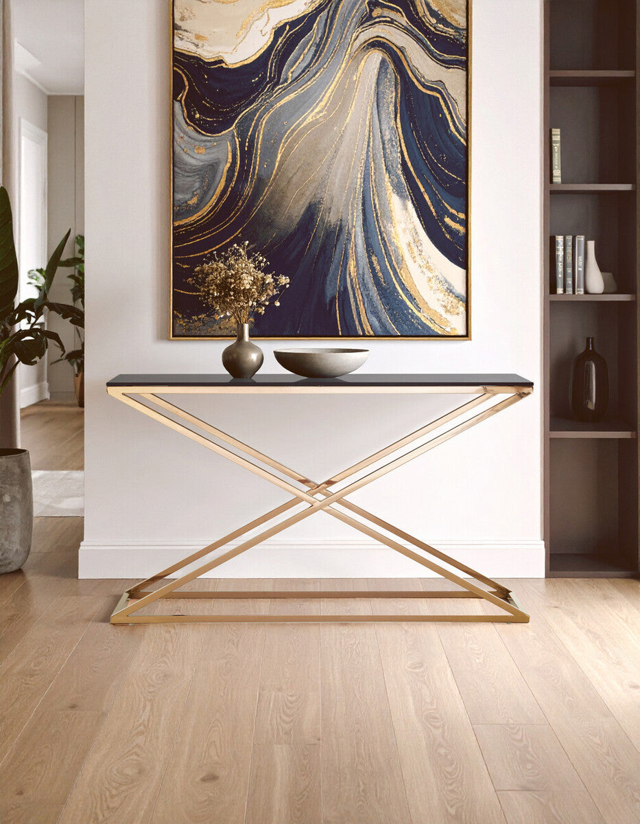 Smoked Amber Glass Top Console Table with Gold Criss Cross Effect Metal Frame, Montril