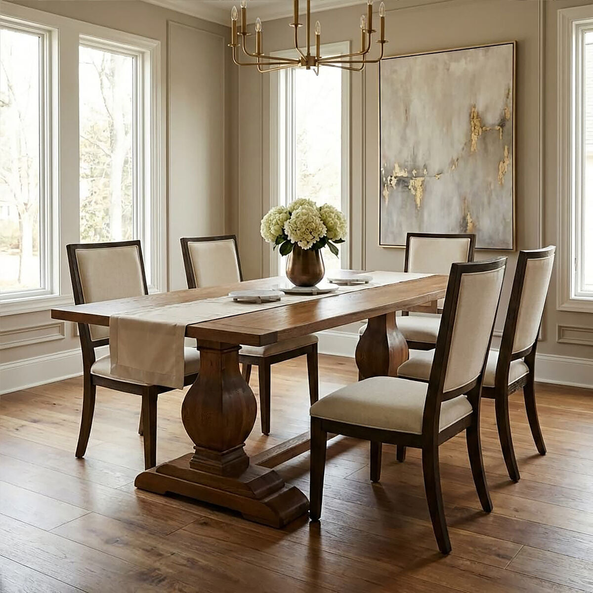 Warm Brown Oak Wooden Dining Table with Sculpted Chunky Legs, Lyon