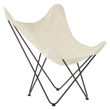 Butterfly chair with beige fabric seat and black metal frame on a white background