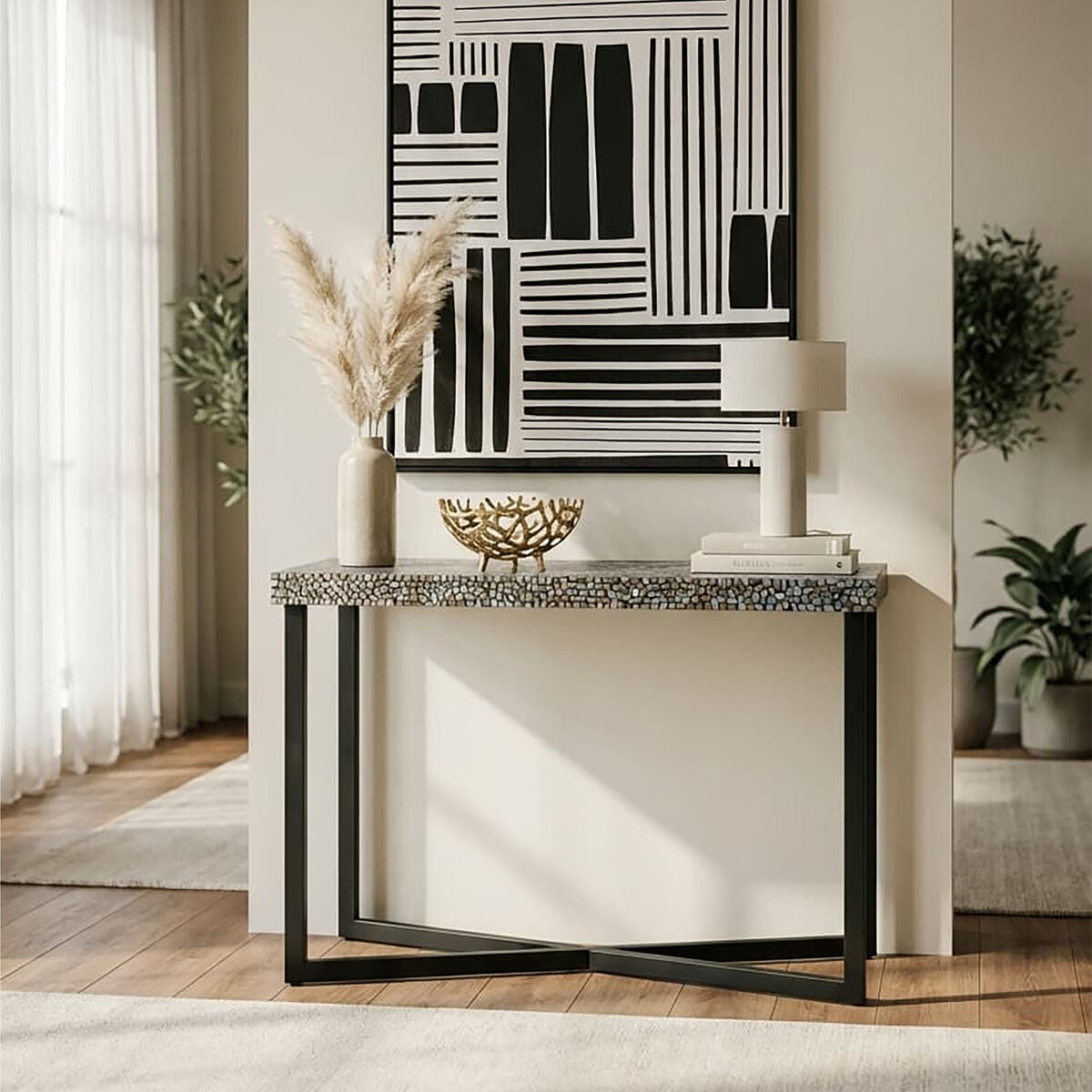 Crackle Shell Mosaic Console Table Rectangular Top Black Metal Frame | Fusion
