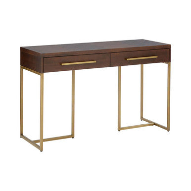 Wooden desk with brass legs on a white background