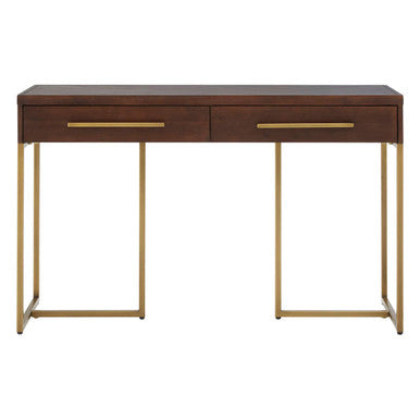 Wooden console table with gold legs and handles on a white background