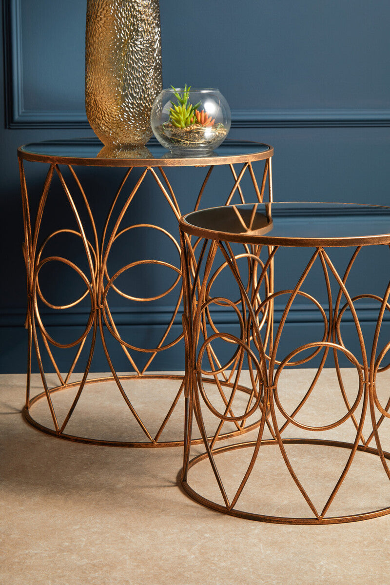 Set of 2 Antique Finish Frame Side Tables with Round Mirrored Top, Avantis