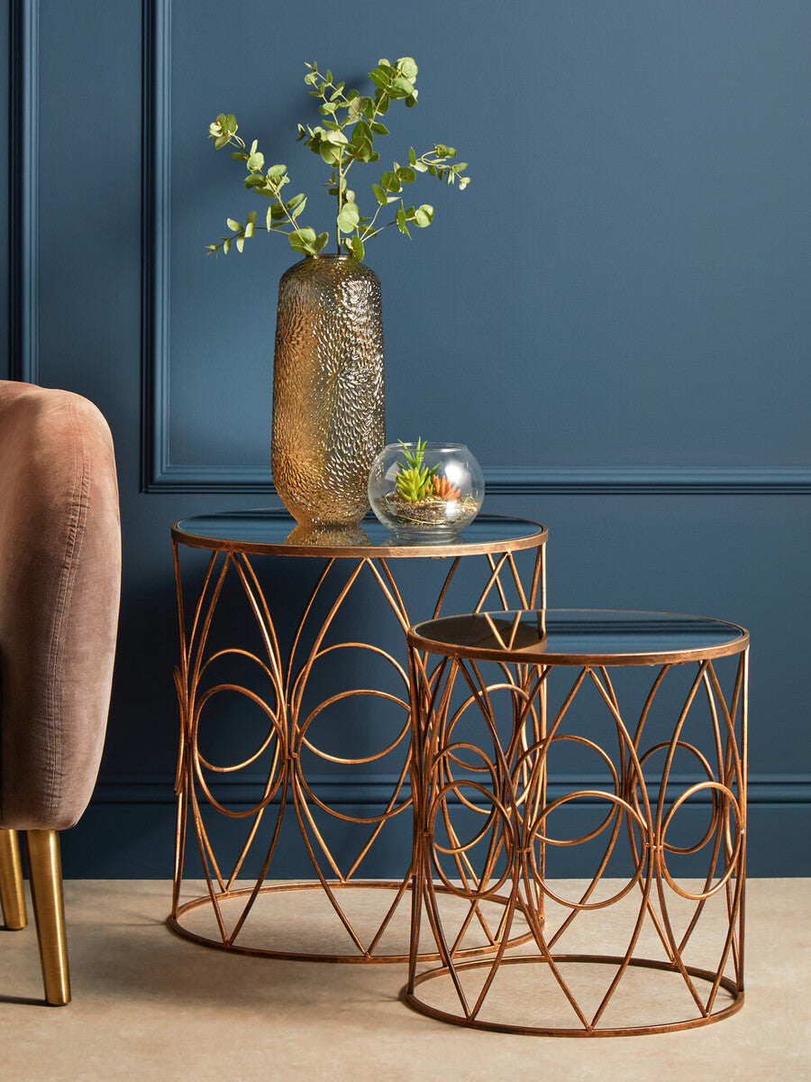 Set of 2 Antique Finish Frame Side Tables with Round Mirrored Top, Avantis