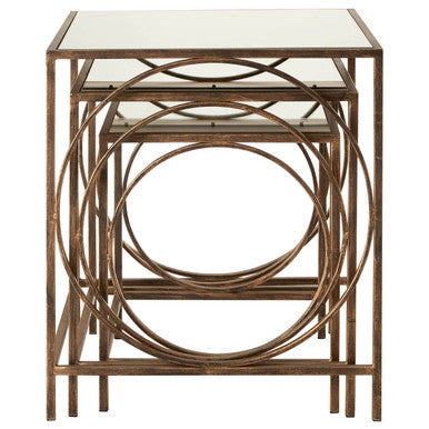 Set of three nested side tables with circular metal frames on a white background
