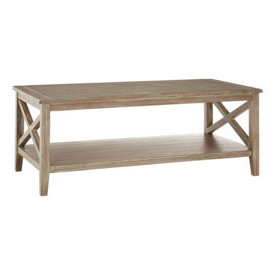 Wooden coffee table with X-shaped leg design on a white background