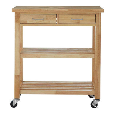 Wooden kitchen cart with two drawers and wheels on a white background
