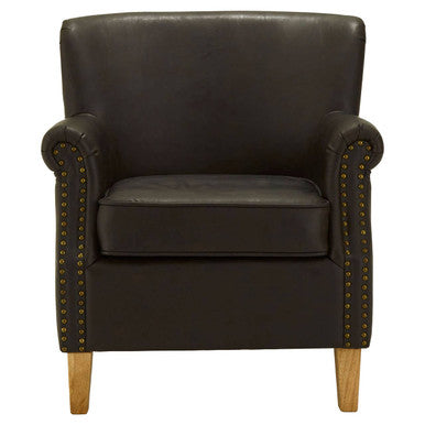 Dark brown leather armchair with wooden legs on a white background