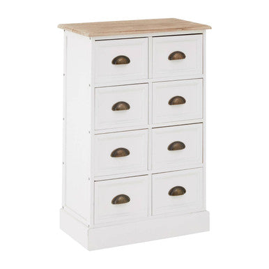 White dresser with six drawers and a wooden top on a white background