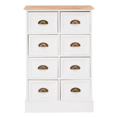 White dresser with six drawers and wooden top on a white background
