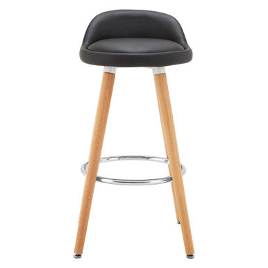 Bar stool with black seat and wooden legs on a white background