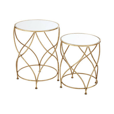 Round White Mirror Tops Nesting Side Tables with Gold Curved Metal Leg, Marcia