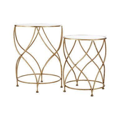 Round White Mirror Tops Nesting Side Tables with Gold Curved Metal Leg, Marcia