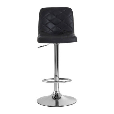 Black quilted bar stool with chrome base on a white background