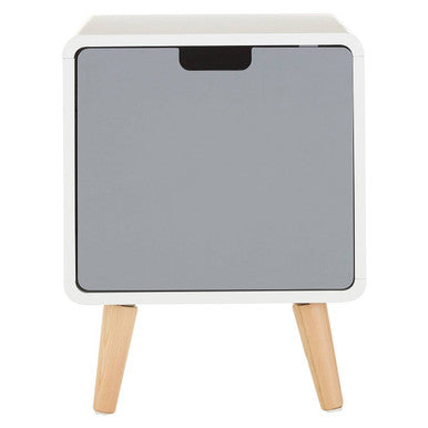 Small side table with a white frame, gray top, and wooden legs on a white background