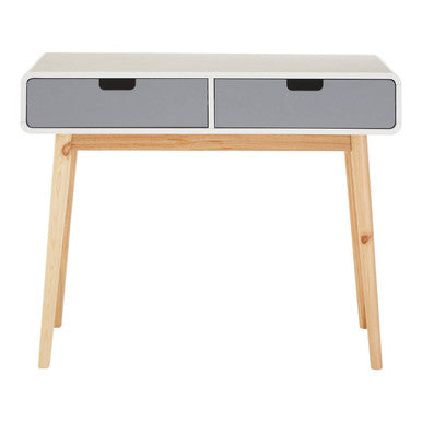 Small table with two gray drawers and wooden legs on a white background