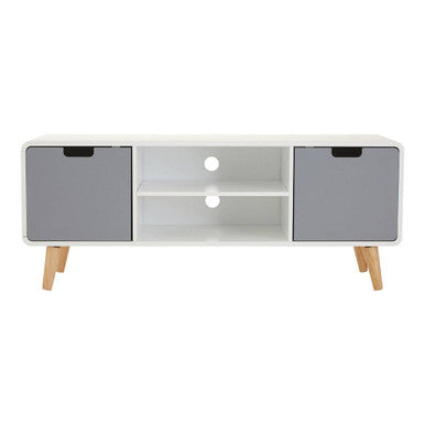 White TV stand with gray doors on a white background