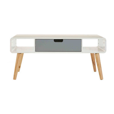 White console table with a gray drawer on a white background