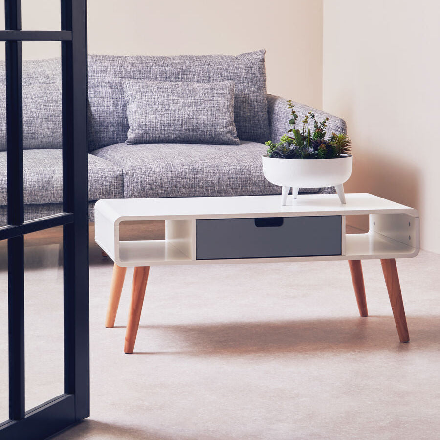 Modern living room with a gray sofa and a white coffee table.