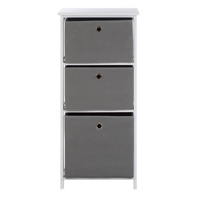Three-drawer cabinet with two gray drawers and one white drawer on a white background