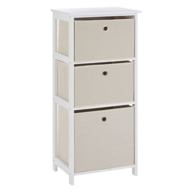 White and beige storage cabinet with three drawers on a white background