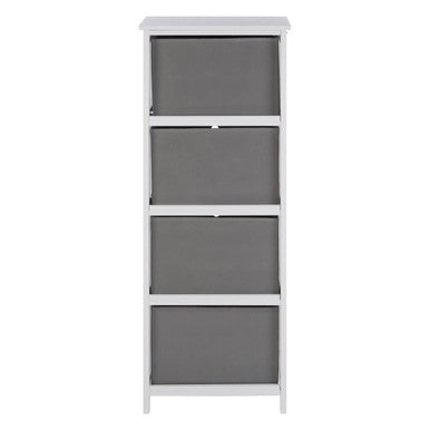 White storage cabinet with four gray fabric drawers on a white background