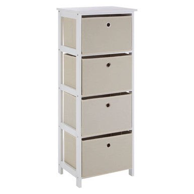 White storage tower with beige drawers on a white background