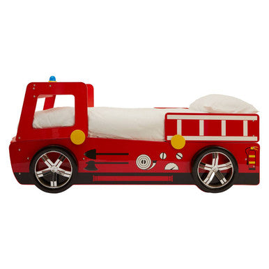 Red fire truck-shaped bed with white mattress on a white background
