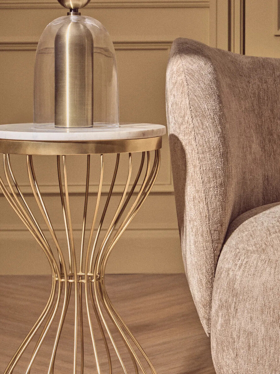 White Marble Round Top Side Table with Gold Iron Hourglass Iron Base, Templar