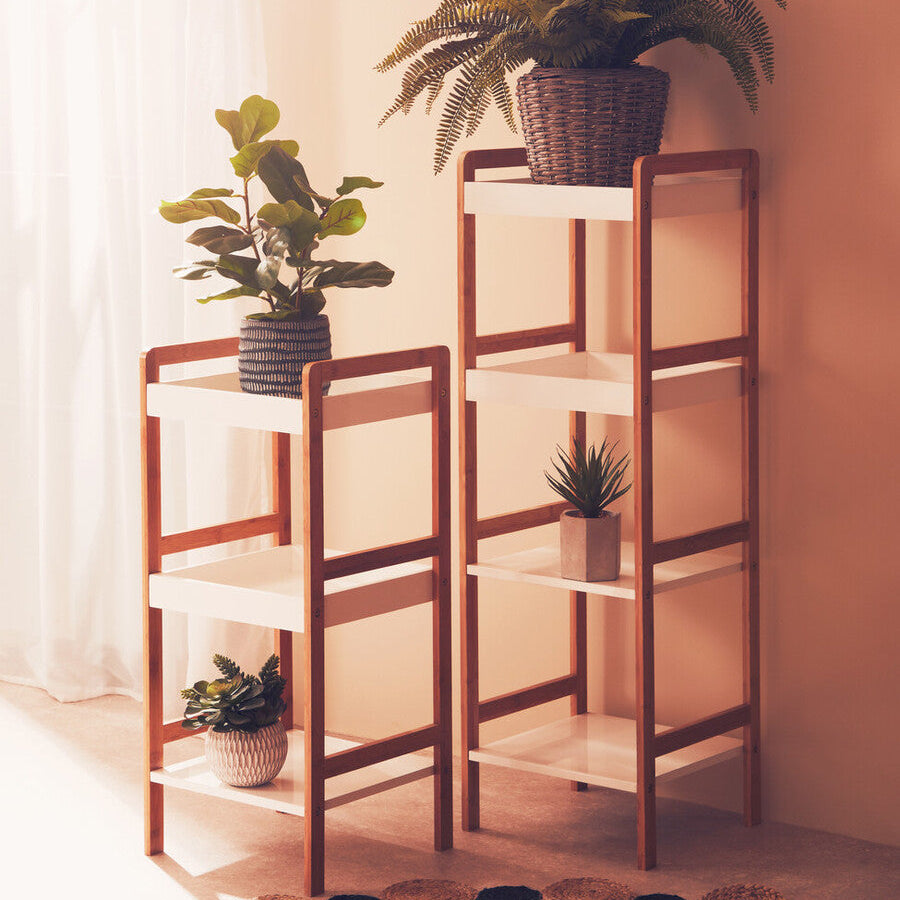 Two wooden shelves with plants against a beige wall