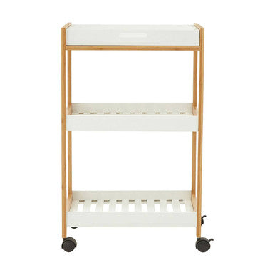 Three-tiered rolling cart with white shelves on a white background
