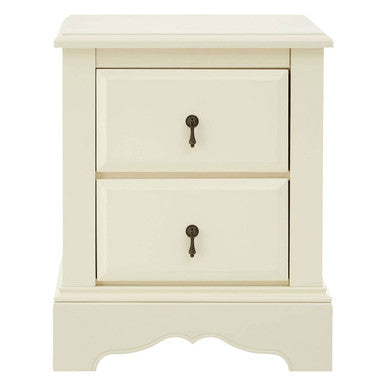 White nightstand with two drawers and brass handles on a white background