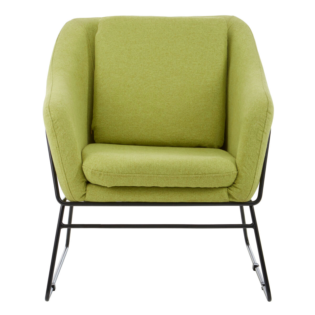 Green armchair with black metal frame on a white background