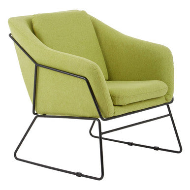 Green armchair with black metal frame on a white background