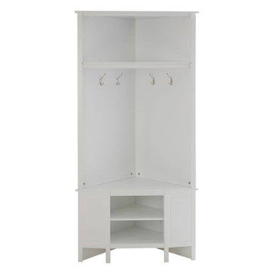 White wooden cabinet with hooks on a white background