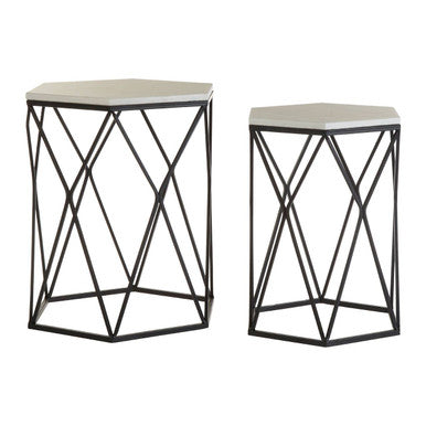 White Marble Top and Black Metal Frame Set of 2 Hexagonal Side Tables, Arcana