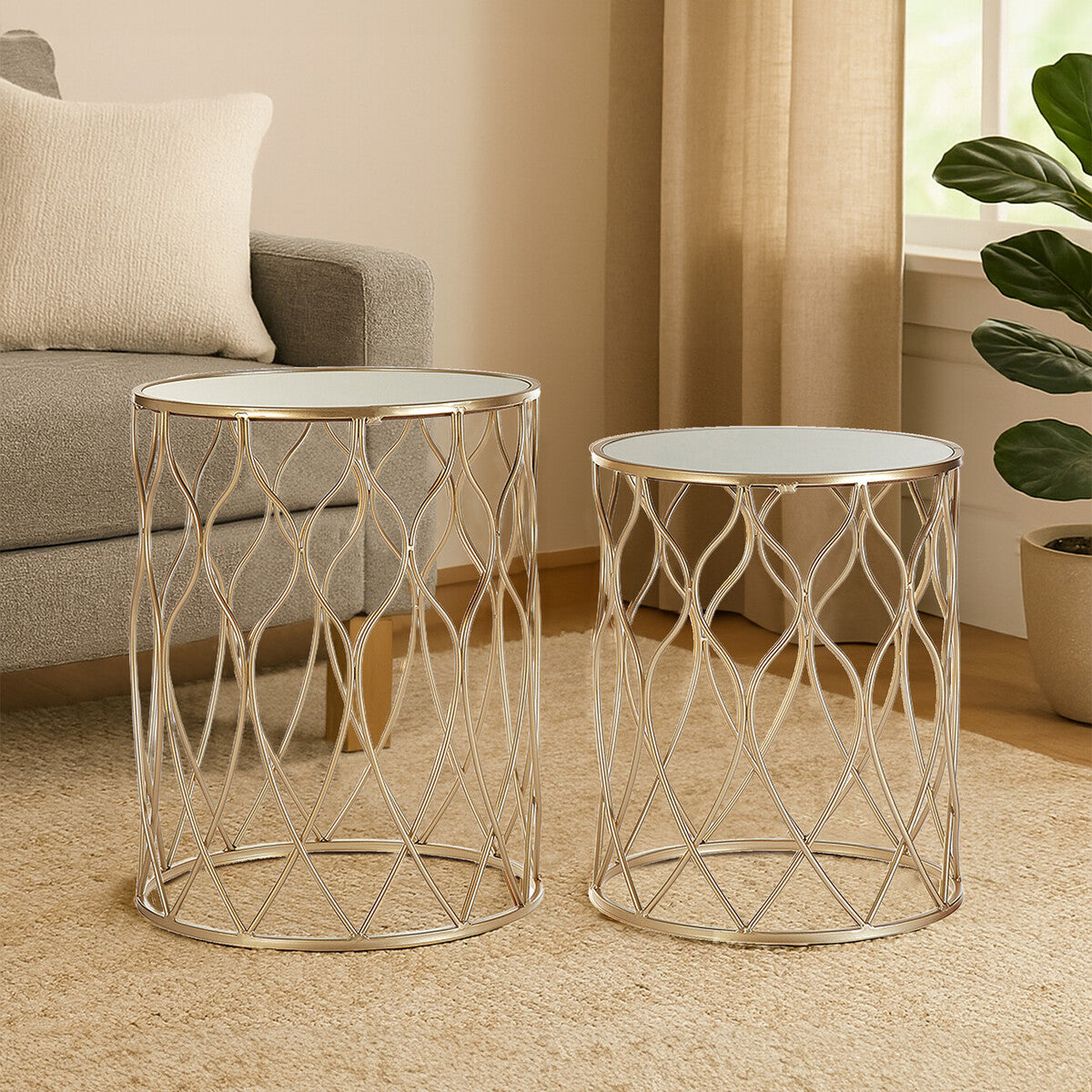 Two decorative side tables with lattice designs on a carpeted floor.
