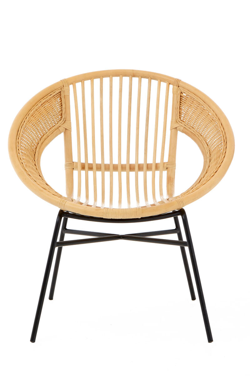 Wicker chair with black metal legs on a white background
