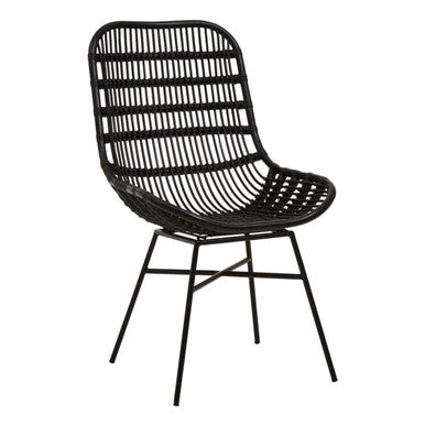 Black woven chair with metal legs on a white background