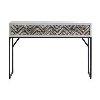 Console table with decorative chevron pattern on a white background